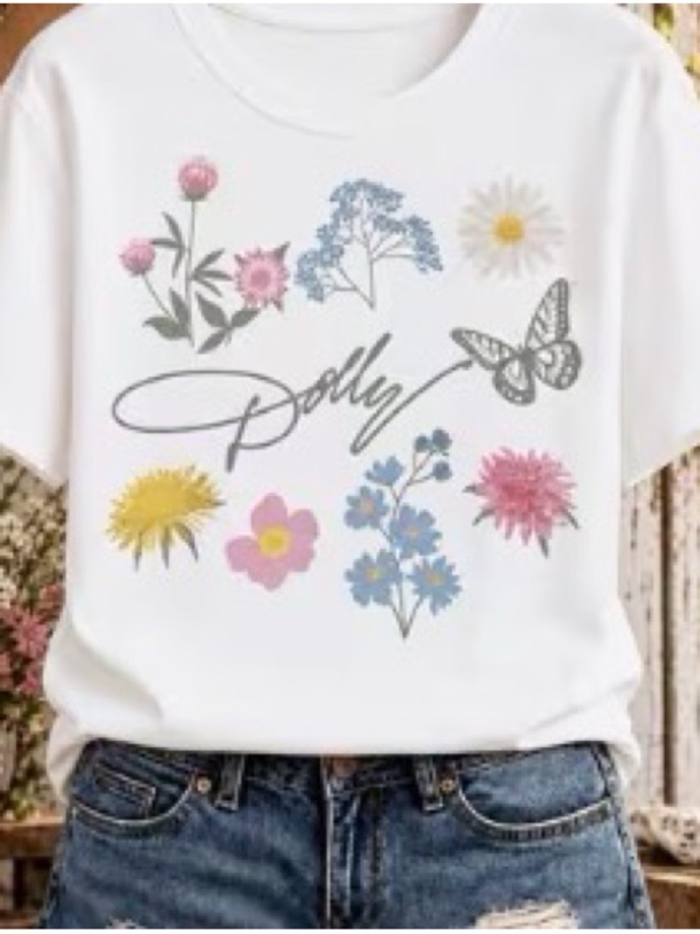 Western Tee Dolly White Floral Graphic Tee with Dolly Script